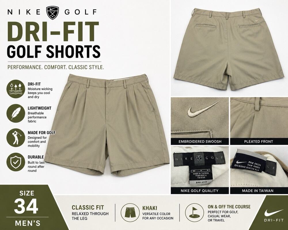 Nike Golf Shorts Mens 34 Khaki Dri-FIT Pleated Performance Casual Beige